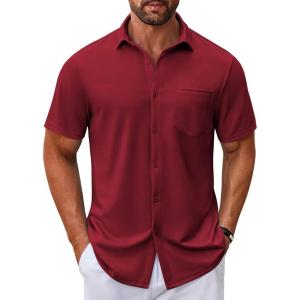 imageCOOFANDY Mens Casual Button Down Shirt Untucked Short Sleeve Strech Wrinkle Free Dress ShirtsRed
