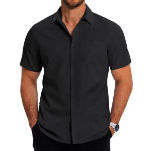 imageCOOFANDY Mens Casual Button Down Shirts Short Sleeve Business Shirts Lightweight Wrinkle Free Dress ShirtsAblack