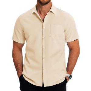 imageCOOFANDY Mens Casual Button Down Shirts Short Sleeve Business Shirts Lightweight Wrinkle Free Dress ShirtsBeige