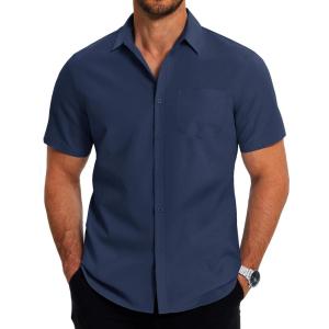 imageCOOFANDY Mens Casual Button Down Shirts Short Sleeve Business Shirts Lightweight Wrinkle Free Dress ShirtsDark Blue