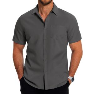 imageCOOFANDY Mens Casual Button Down Shirts Short Sleeve Business Shirts Lightweight Wrinkle Free Dress ShirtsDark Gray