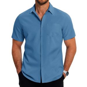 imageCOOFANDY Mens Casual Button Down Shirts Short Sleeve Business Shirts Lightweight Wrinkle Free Dress ShirtsGray Blue