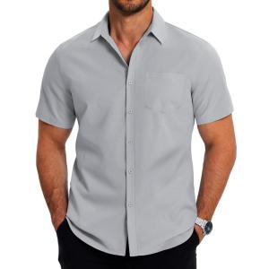 imageCOOFANDY Mens Casual Button Down Shirts Short Sleeve Business Shirts Lightweight Wrinkle Free Dress ShirtsLight Gray