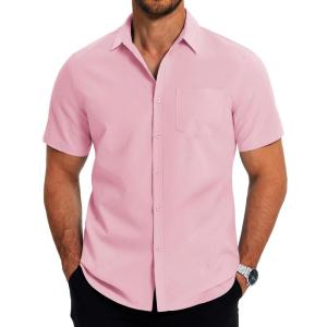 imageCOOFANDY Mens Casual Button Down Shirts Short Sleeve Business Shirts Lightweight Wrinkle Free Dress ShirtsPink