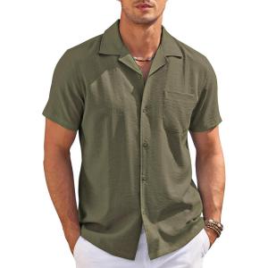 imageCOOFANDY Mens Casual Button Down Shirts Short Sleeve Summer Cuban Vacation Beach ShirtsArmy Green