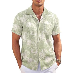 imageCOOFANDY Mens Casual Button Down Shirts Short Sleeve Summer Cuban Vacation Beach ShirtsLight Green White Leaf