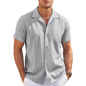 imageCOOFANDY Mens Casual Button Down Shirts Short Sleeve Summer Cuban Vacation Beach ShirtsLight Grey