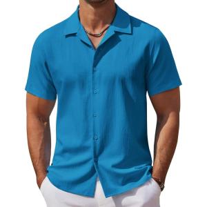 imageCOOFANDY Mens Casual Button Down Shirts Short Sleeve WrinkleFree Summer Beach WearBlue
