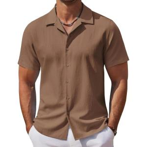 imageCOOFANDY Mens Casual Button Down Shirts Short Sleeve WrinkleFree Summer Beach WearBrown