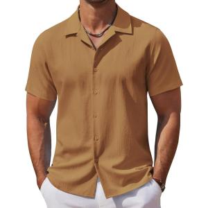 imageCOOFANDY Mens Casual Button Down Shirts Short Sleeve WrinkleFree Summer Beach WearCaramel
