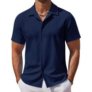 imageCOOFANDY Mens Casual Button Down Shirts Short Sleeve WrinkleFree Summer Beach WearNavy Blue