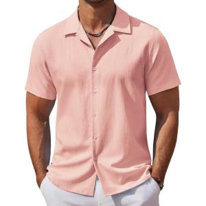 imageCOOFANDY Mens Casual Button Down Shirts Short Sleeve WrinkleFree Summer Beach WearPink