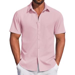 imageCOOFANDY Mens Casual Dress Shirt Short Sleeve Button Down Shirts Summer Wedding Untucked ShirtBaby Pink
