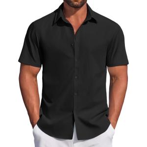 imageCOOFANDY Mens Casual Dress Shirt Short Sleeve Button Down Shirts Summer Wedding Untucked ShirtBlack