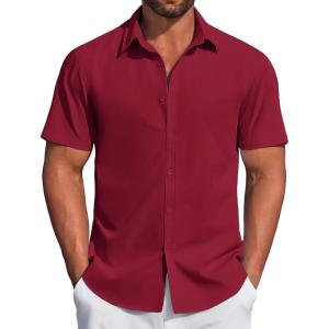 imageCOOFANDY Mens Casual Dress Shirt Short Sleeve Button Down Shirts Summer Wedding Untucked ShirtCarmine
