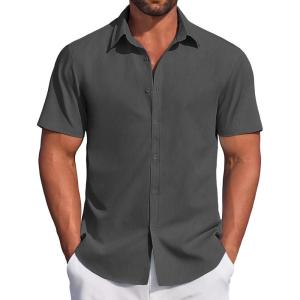 imageCOOFANDY Mens Casual Dress Shirt Short Sleeve Button Down Shirts Summer Wedding Untucked ShirtCharcoal Gray