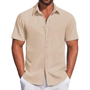 imageCOOFANDY Mens Casual Dress Shirt Short Sleeve Button Down Shirts Summer Wedding Untucked ShirtCream