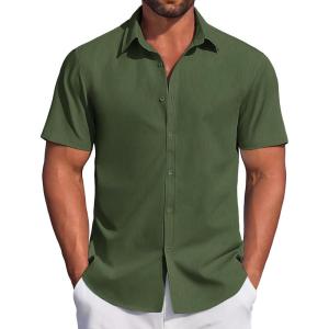 imageCOOFANDY Mens Casual Dress Shirt Short Sleeve Button Down Shirts Summer Wedding Untucked ShirtForest Green