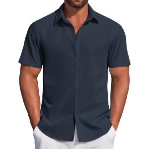 imageCOOFANDY Mens Casual Dress Shirt Short Sleeve Button Down Shirts Summer Wedding Untucked ShirtIndigo