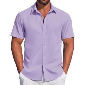 imageCOOFANDY Mens Casual Dress Shirt Short Sleeve Button Down Shirts Summer Wedding Untucked ShirtLavender