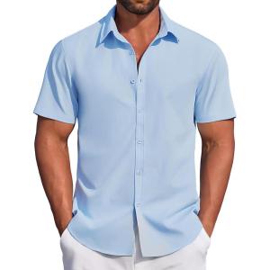 imageCOOFANDY Mens Casual Dress Shirt Short Sleeve Button Down Shirts Summer Wedding Untucked ShirtPale Blue