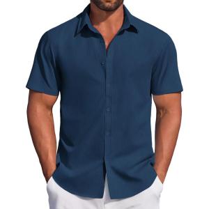 imageCOOFANDY Mens Casual Dress Shirt Short Sleeve Button Down Shirts Summer Wedding Untucked ShirtPrussian Blue