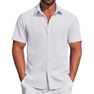 imageCOOFANDY Mens Casual Dress Shirt Short Sleeve Button Down Shirts Summer Wedding Untucked ShirtWhite