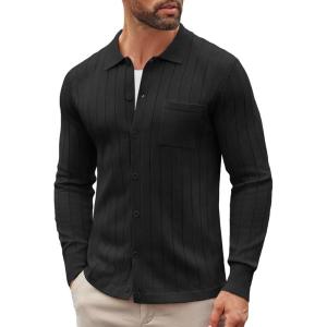 imageCOOFANDY Mens Casual Knit Polo Shirts Long Sleeve Button Down Sweater Polo Ribbed Cardigan Sweater with PocketAll Black
