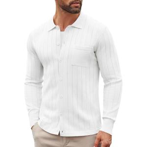 imageCOOFANDY Mens Casual Knit Polo Shirts Long Sleeve Button Down Sweater Polo Ribbed Cardigan Sweater with PocketAll White