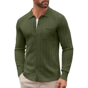 imageCOOFANDY Mens Casual Knit Polo Shirts Long Sleeve Button Down Sweater Polo Ribbed Cardigan Sweater with PocketArmy Green