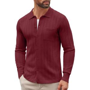 imageCOOFANDY Mens Casual Knit Polo Shirts Long Sleeve Button Down Sweater Polo Ribbed Cardigan Sweater with PocketWine Red
