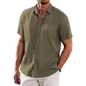 imageCOOFANDY Mens Casual Linen Shirts Short Sleeve Button Down Shirt Summer Beach TopsArmy Green
