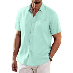 imageCOOFANDY Mens Casual Linen Shirts Short Sleeve Button Down Shirt Summer Beach TopsGreen