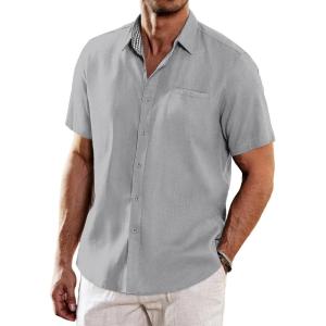 imageCOOFANDY Mens Casual Linen Shirts Short Sleeve Button Down Shirt Summer Beach TopsGrey