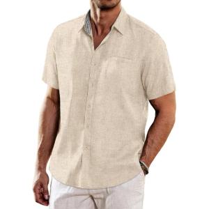 imageCOOFANDY Mens Casual Linen Shirts Short Sleeve Button Down Shirt Summer Beach TopsKhaki