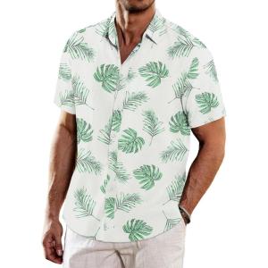 imageCOOFANDY Mens Casual Linen Shirts Short Sleeve Button Down Shirt Summer Beach TopsLeavesgreen