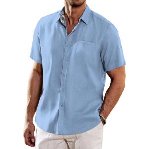 imageCOOFANDY Mens Casual Linen Shirts Short Sleeve Button Down Shirt Summer Beach TopsLight Blue