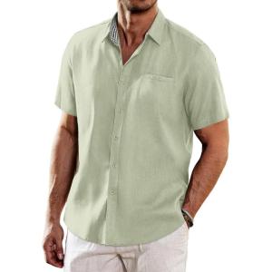 imageCOOFANDY Mens Casual Linen Shirts Short Sleeve Button Down Shirt Summer Beach TopsLight Green