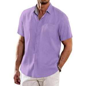 imageCOOFANDY Mens Casual Linen Shirts Short Sleeve Button Down Shirt Summer Beach TopsLight Purple
