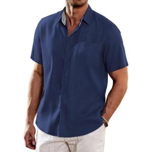 imageCOOFANDY Mens Casual Linen Shirts Short Sleeve Button Down Shirt Summer Beach TopsNavy Blue