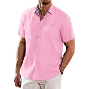 imageCOOFANDY Mens Casual Linen Shirts Short Sleeve Button Down Shirt Summer Beach TopsPink