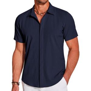 imageCOOFANDY Mens Casual Short Sleeve Button Down Summer Beach Shirt Lightweight Textured Wrinkle Free Stretch ShirtsMedieval Blue