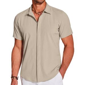 imageCOOFANDY Mens Casual Short Sleeve Button Down Summer Beach Shirt Lightweight Textured Wrinkle Free Stretch ShirtsOyster Gray