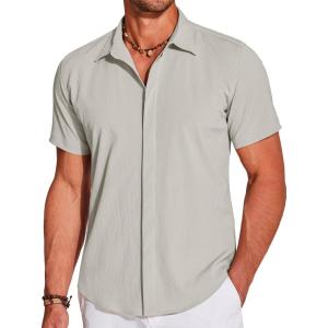 imageCOOFANDY Mens Casual Short Sleeve Button Down Summer Beach Shirt Lightweight Textured Wrinkle Free Stretch ShirtsQuiet Gray