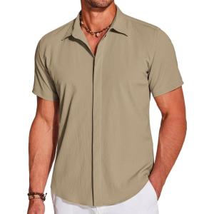 imageCOOFANDY Mens Casual Short Sleeve Button Down Summer Beach Shirt Lightweight Textured Wrinkle Free Stretch ShirtsSesame