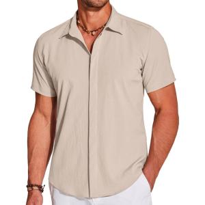 imageCOOFANDY Mens Casual Short Sleeve Button Down Summer Beach Shirt Lightweight Textured Wrinkle Free Stretch ShirtsWood Ash