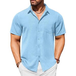 imageCOOFANDY Mens Casual Short Sleeve Shirts Button Down Textured Shirts Summer Beach Shirt with PocketLight Blue