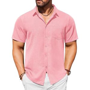 imageCOOFANDY Mens Casual Short Sleeve Shirts Button Down Textured Shirts Summer Beach Shirt with PocketPink