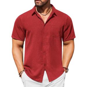 imageCOOFANDY Mens Casual Short Sleeve Shirts Button Down Textured Shirts Summer Beach Shirt with PocketWine Red
