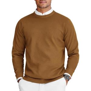 imageCOOFANDY Mens Crew Neck Sweaters Long Sleeve Lightweight Knit Dress Pullover SweatersBrown